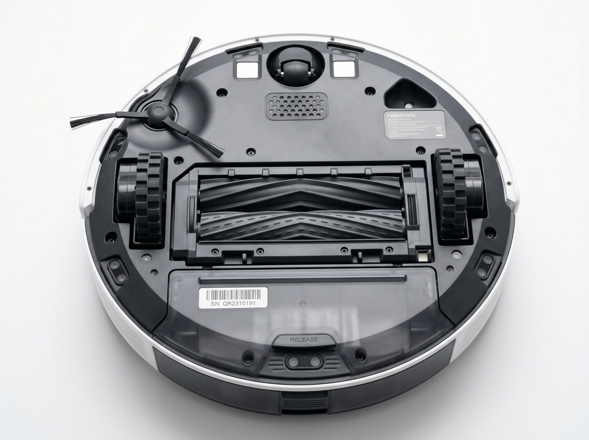 Primer plano de la base y mecanismos de succión del robot aspirador Essentio