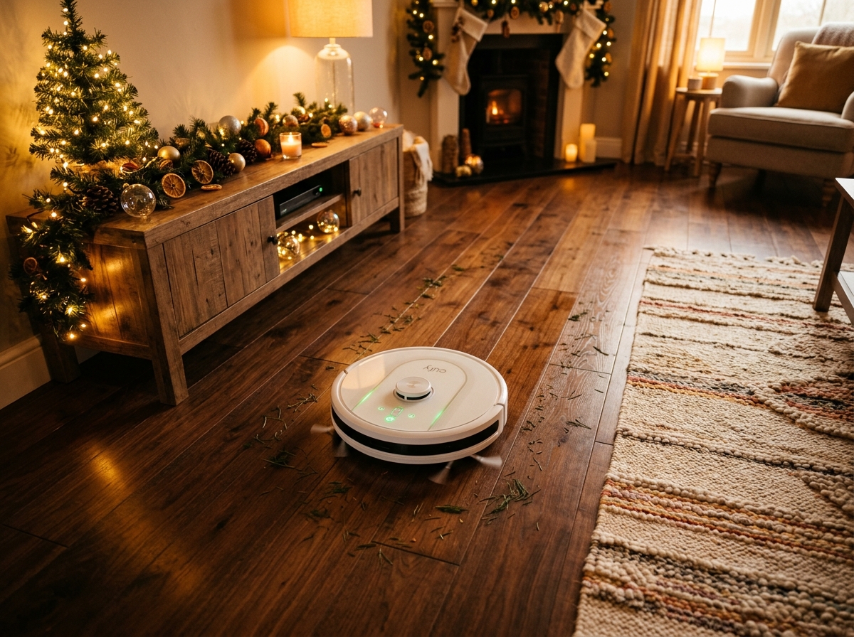Robot aspirador en suelo cálido de madera