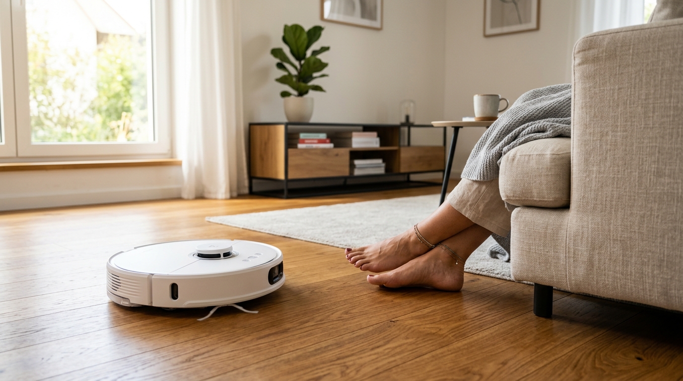 Robot aspirador Essentio limpiando suelo de madera en sala moderna